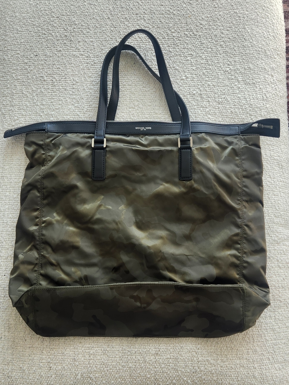 Michael Kors Olive Camo Nylon Laptop Tote with Black Trim